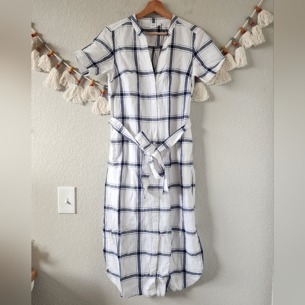 Gap Linen Cotton Midi Windowpane Button Down Shirtdress Belted Lagenlook Coastal